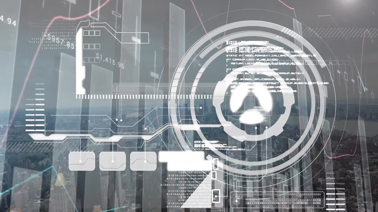 Animation of scope scanning and statistics data processing over cityscape