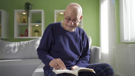 old man sitting on the sofa at home by the window, reading a book.