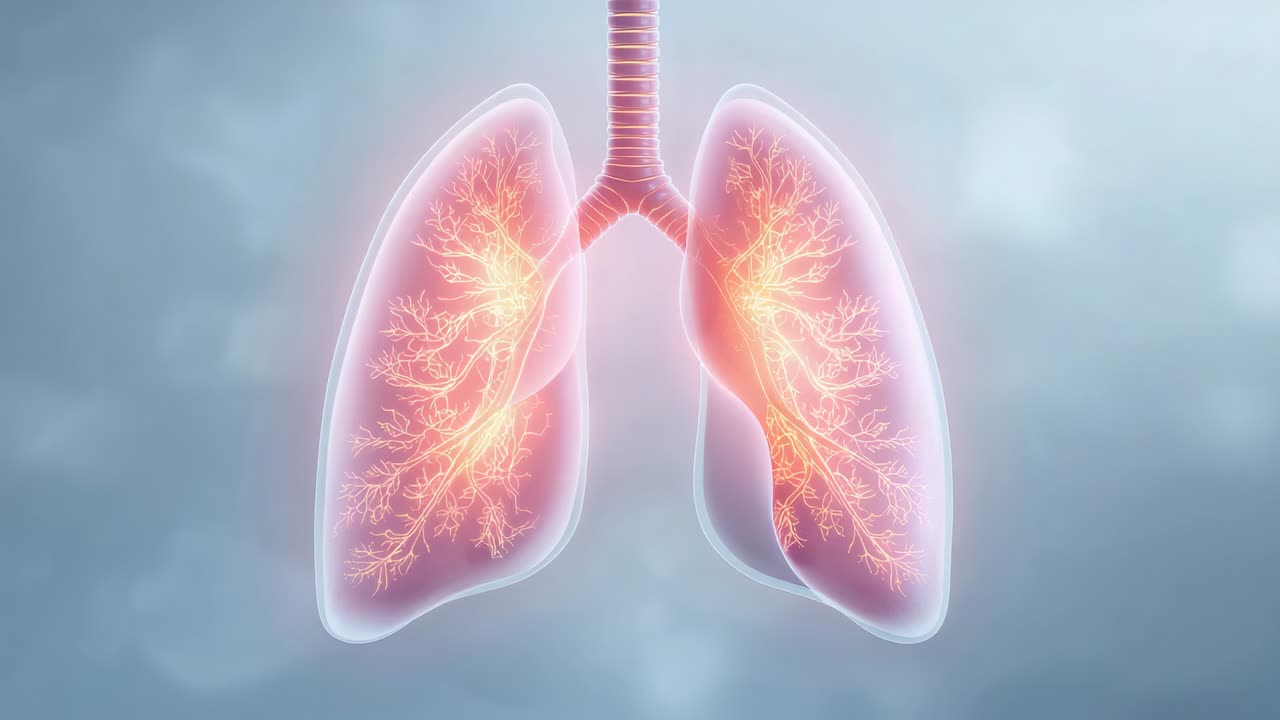 All'avvio, polmoni pulsanti con trachea in vista medica, bronchi color ambra che si muovono e mostrano il flusso d'aria