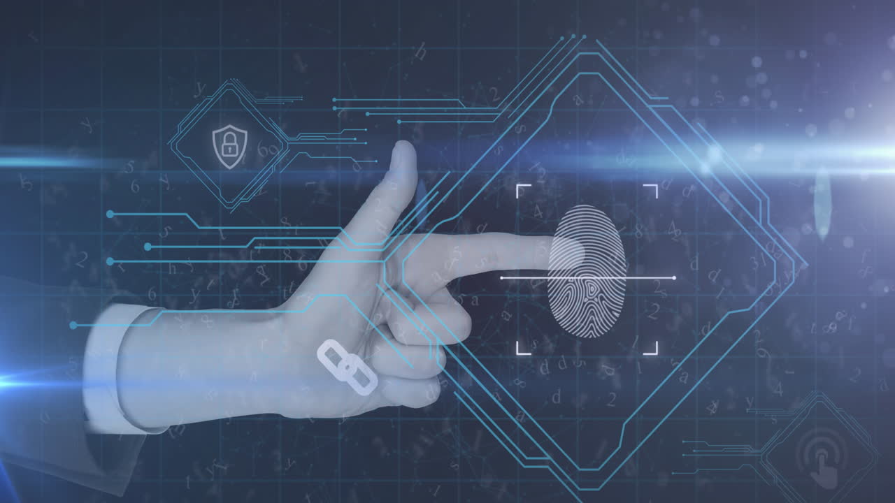 escaneo de mano humana sobre huella dactilar escáner biométrico contra fondo azul
