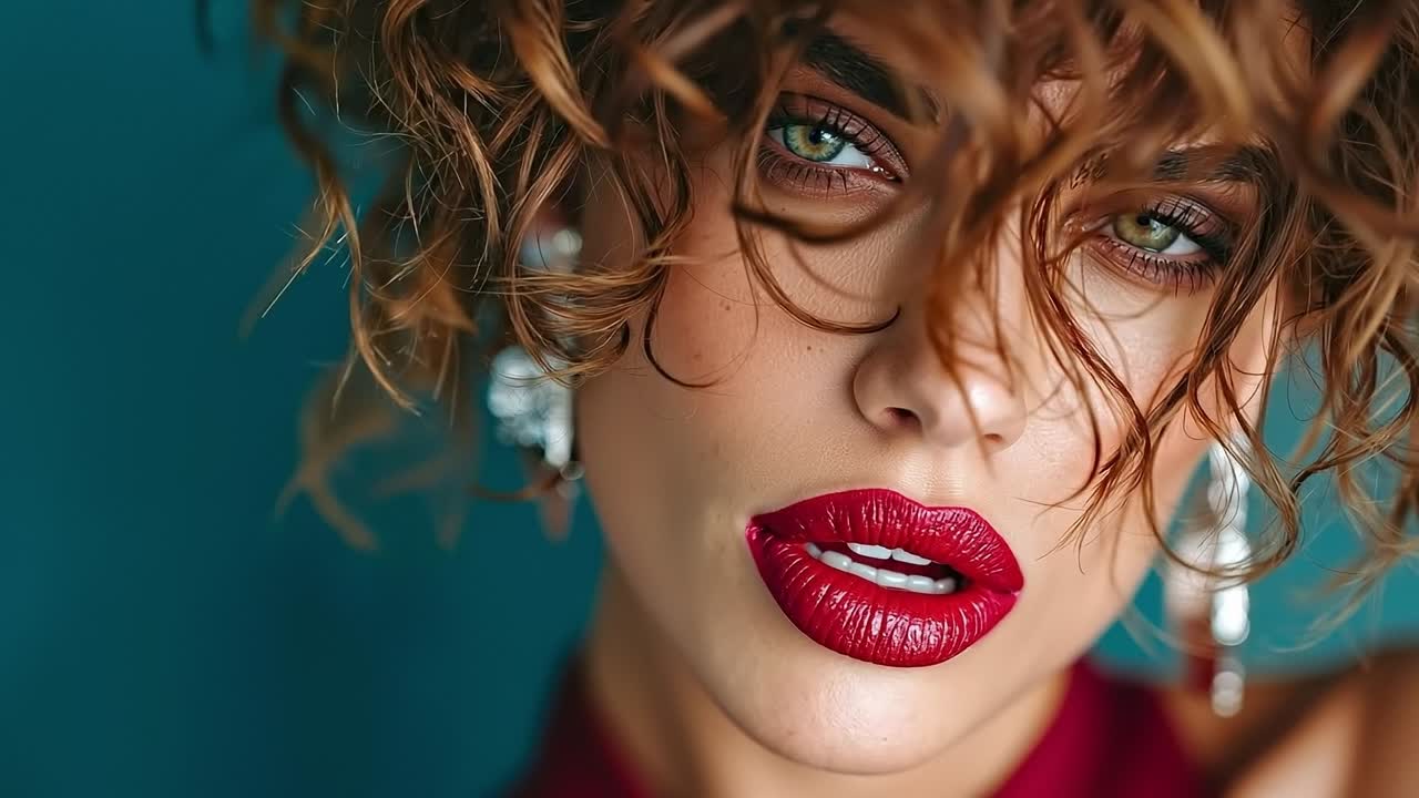 una mujer con cabello rizado y lápiz labial rojo