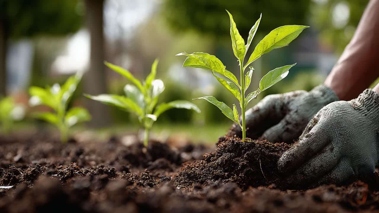 Nurturing New Growth: A Close-Up of Gardening Hands Planting Young Green Seedlings into Rich, Dark Soil in a Sunlit Outdoor Setting