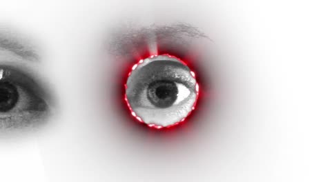 Animation-of-red-circle-eye-of-caucasian-woman