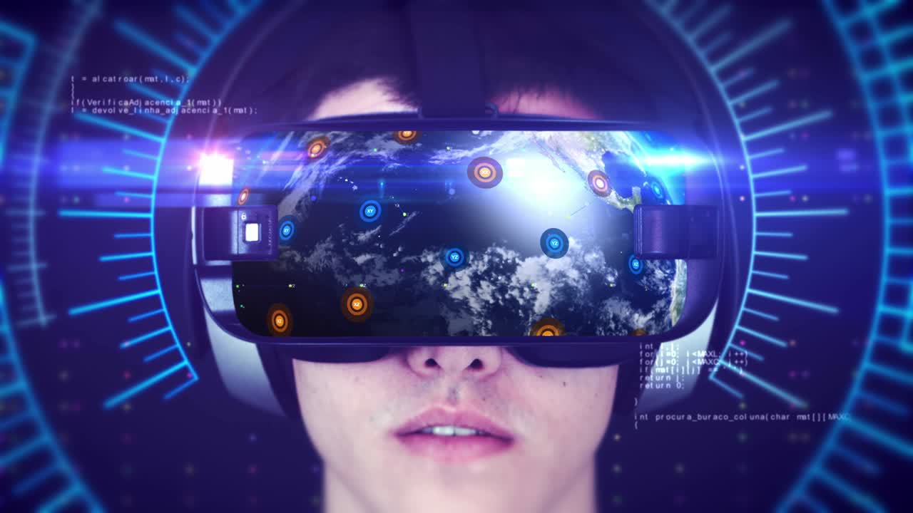 vr 헤드을 착용하고 3d 가상 현실을 경험하는 젊은이.