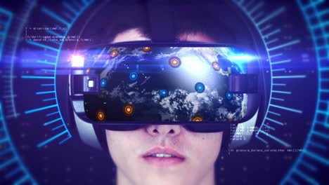 young man wearing vr headset and experiencing 3d virtual reality. seamless loop