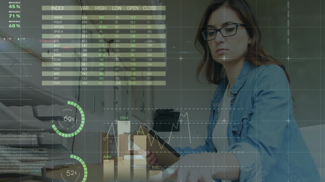 animación del procesamiento de datos estadísticos sobre la mujer caucásica leyendo un documento usando una tableta en la oficina
