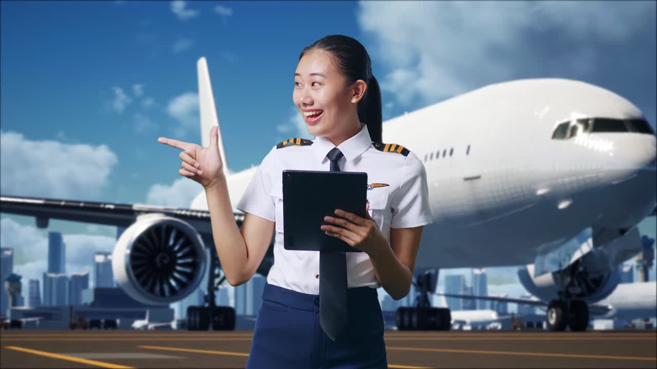 태블릿을 사용하는 아시아 여성 조종사 와 배경 에 비행기 와 함께 공항 에 서 있는 동안  을 가리키고