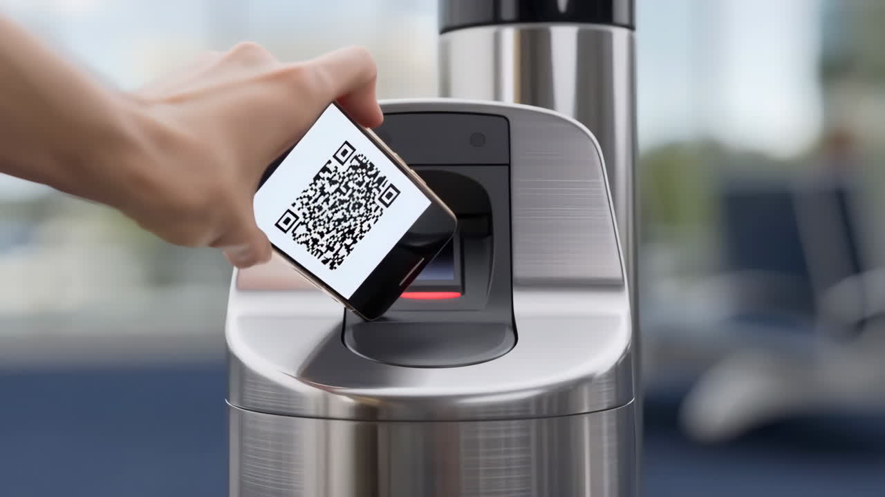 A hand holding a smartphone with a QR code being scanned by a reader