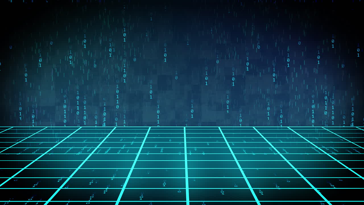 Animation of blue grid and falling light trails over dark blue sky background