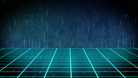 animation of blue grid and falling light trails over dark blue sky background