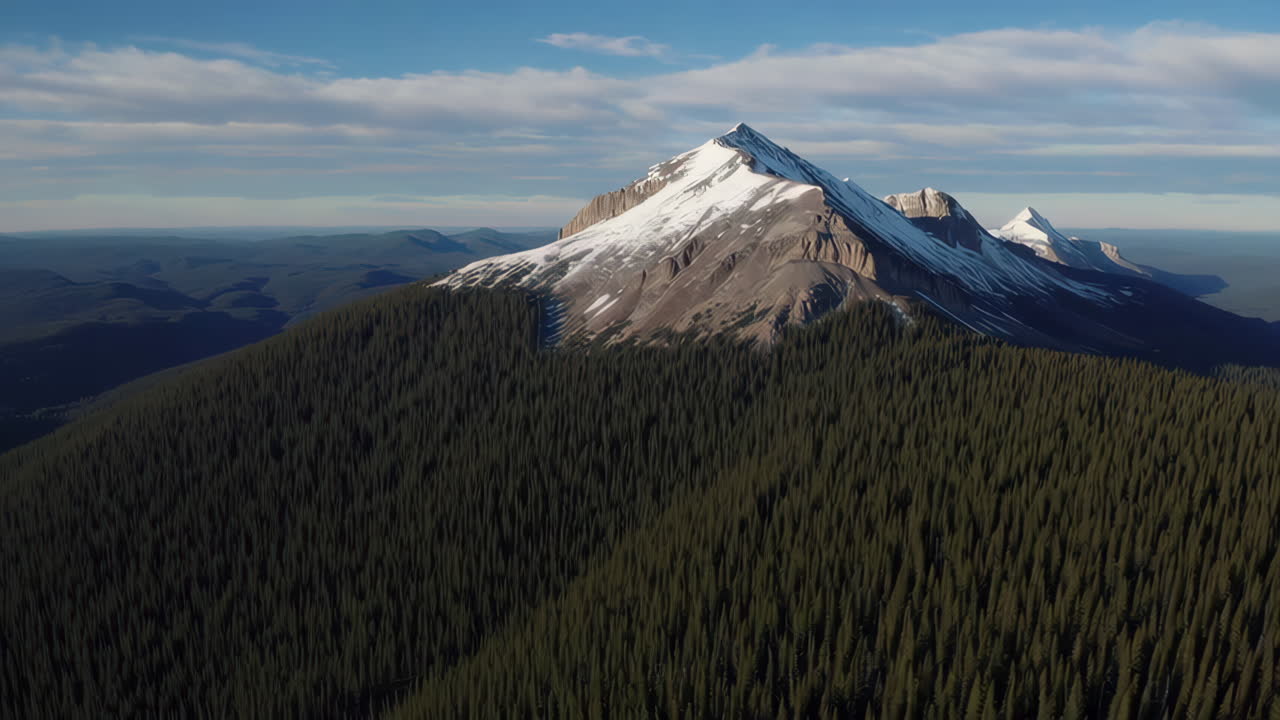 Aerial View of Snowy Mountain Peak and Pine Forest