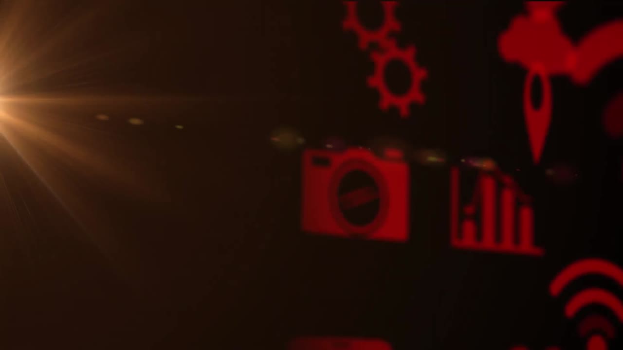 animación de iconos digitales flotando sobre un fondo marrón