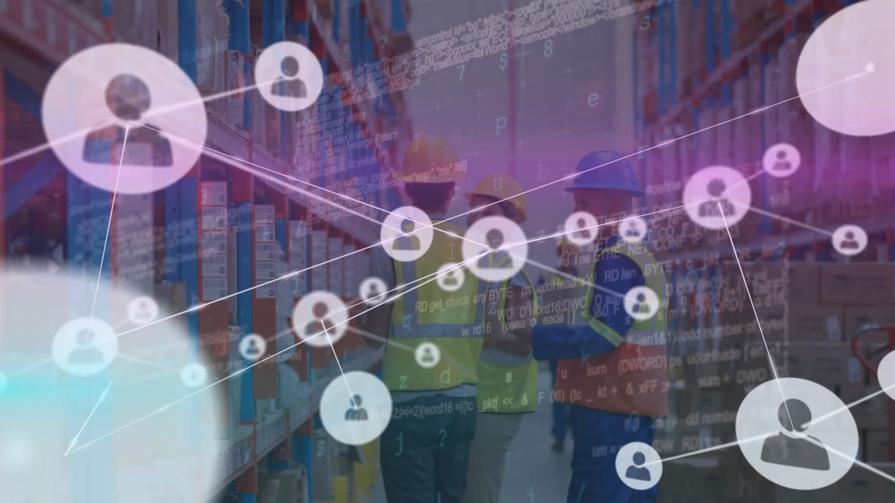 Animation of icons connected with lines, lens flare over coworkers discussing in warehouse
