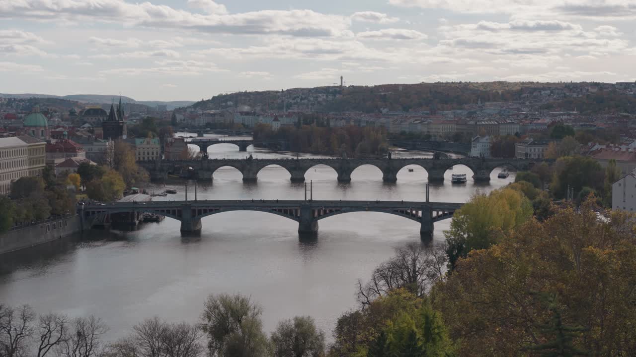 Scenic view of Prague with its iconic bridges over the Vltava River