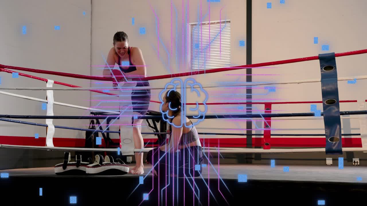 Boxing coach pointing, advising, boxer adjusting gloves while brain overlay pulsing over them