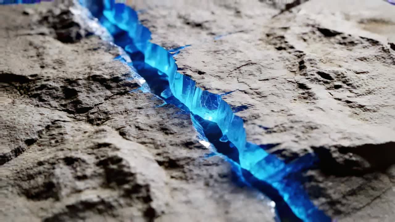 Pulling camera back, revealing glowing electric-blue fissure and crystalline facets on stone slab