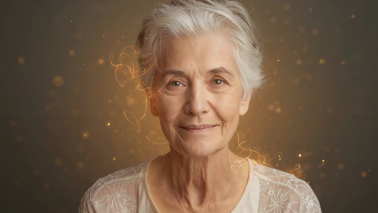 Una donna anziana sorridente che indossa un top di pizzo leggero in studio, una scia dorata a sinistra appare turbinante come un'aureola