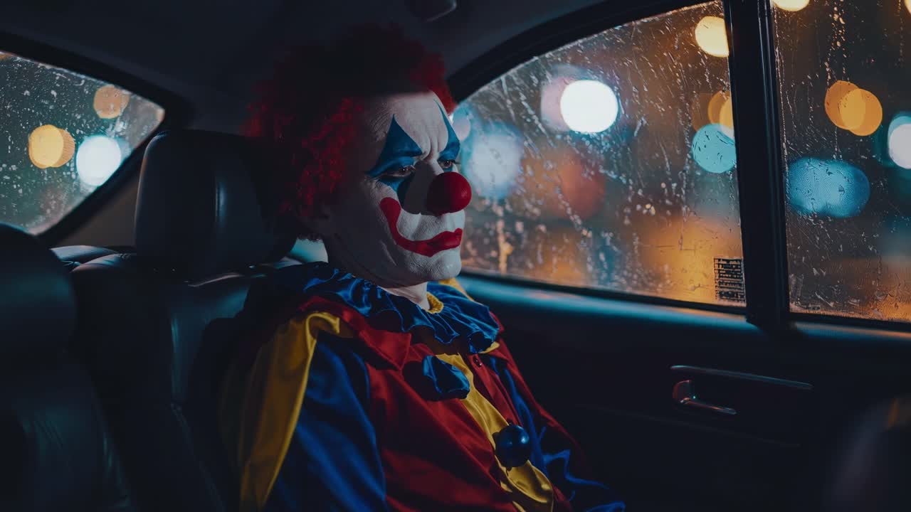 Melancholic clown with red hair and face paint sitting pensive during nighttime car ride, gazing through rain streaked window with blurred city lights surrounding performer