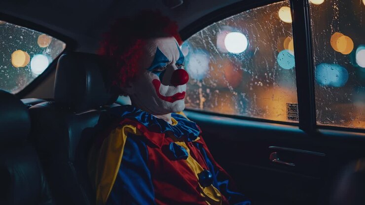 Melancholic clown with red hair and face paint sitting pensive during nighttime car ride, gazing through rain streaked window with blurred city lights surrounding performer
