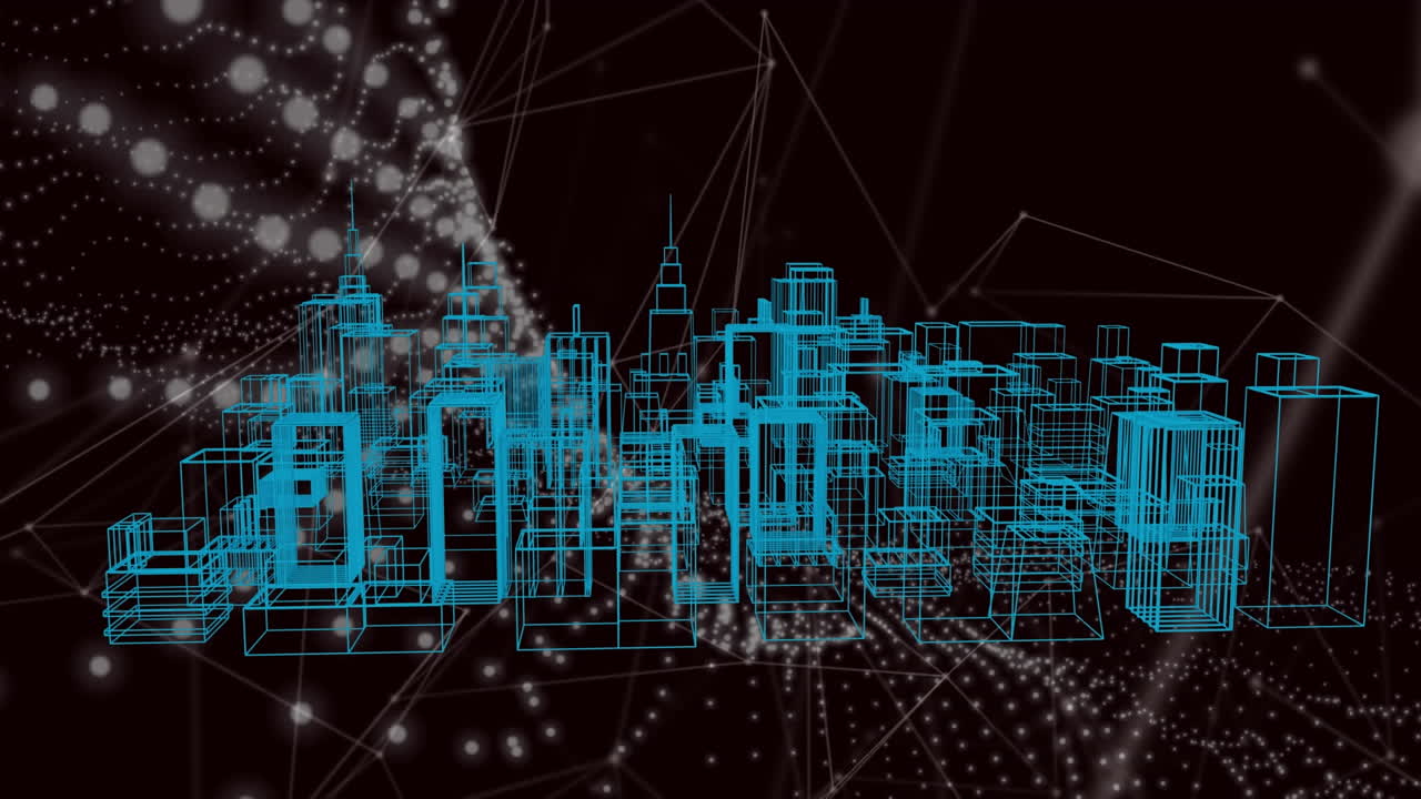 Animation of blue modern skyscrapers rotating against wave patterns and connecting dots
