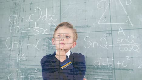 Animation-of-a-boy-thinking,-over-mathematics-equations-in-the-background