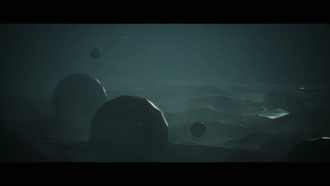 alien planet desert landscape at night with strange sphere-shaped buildings