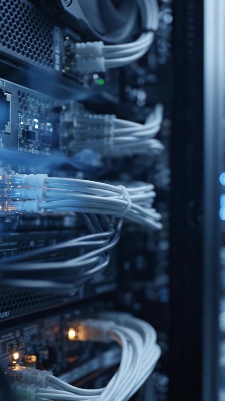 Close-Up Views of a High-Performance Server Rack with Organized Network Cables and LED Indicators, Showcasing Modern Data Center Infrastructure