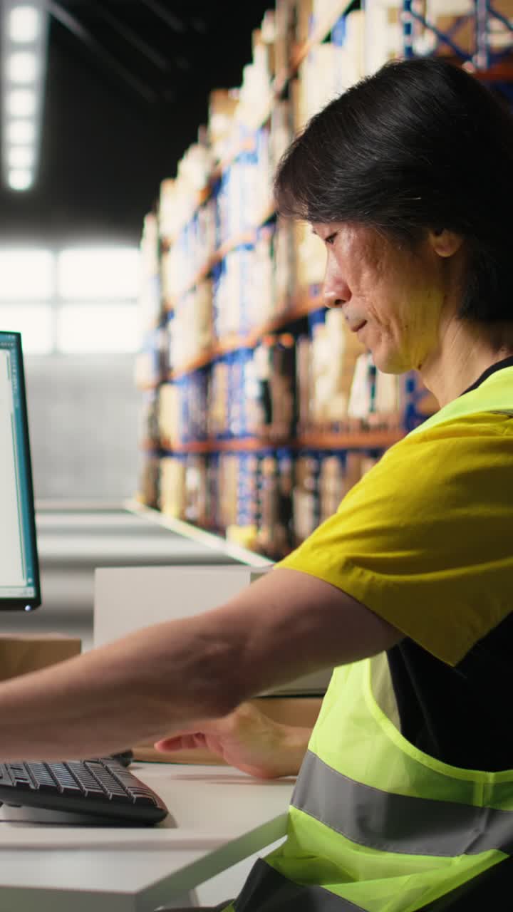 Vertical Video Distribution hub staff printing and applying awb labels on packages