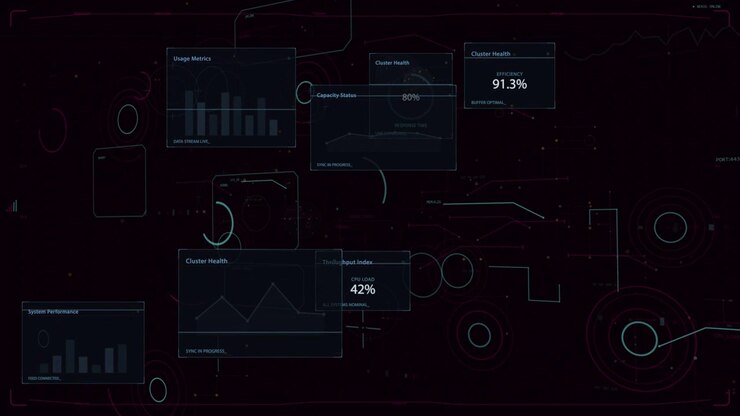 Neon outlines pulsing, HUD panels appearing, arranging and updating for system monitoring