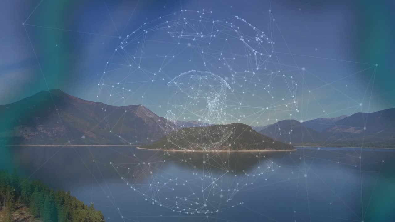 Faint points initiating holographic sphere forming and rotating over lake visualizing network links
