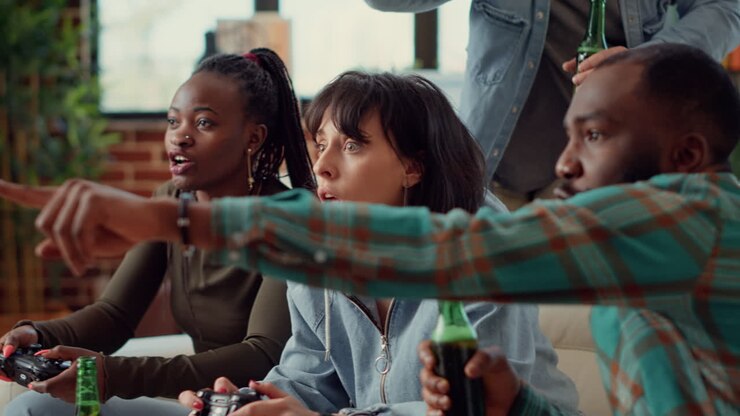 Diverse people using console to play video games