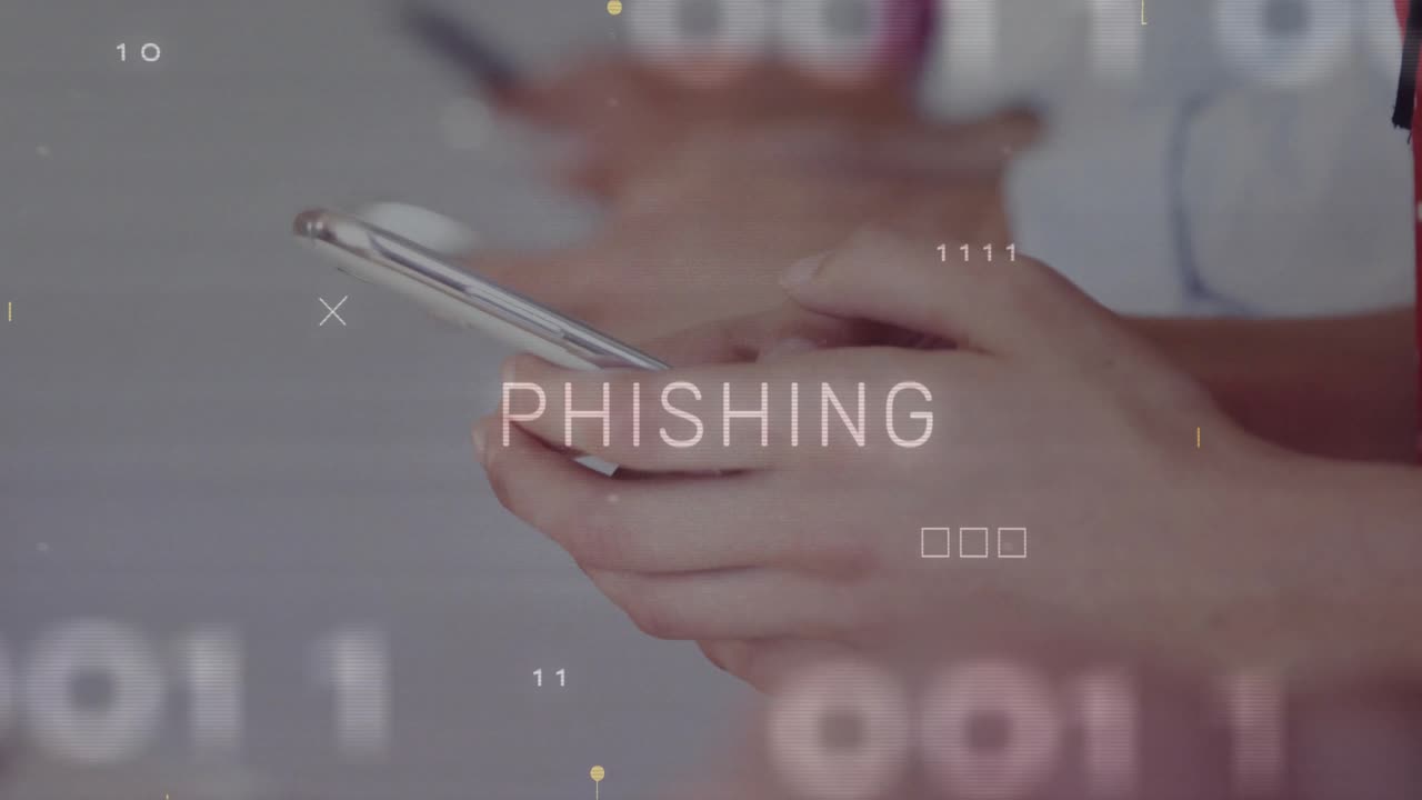 Testo che si confonde in PHISHING mentre mani che tengono telefoni animano sovrapposizioni che segnalano un attacco di phishing.