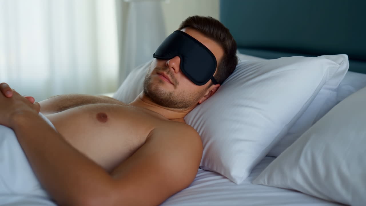 Hombre caucásico sin camisa con antifaz para dormir, acostado sobre sábanas blancas con las manos entrelazadas sobre el pecho, mañana suave