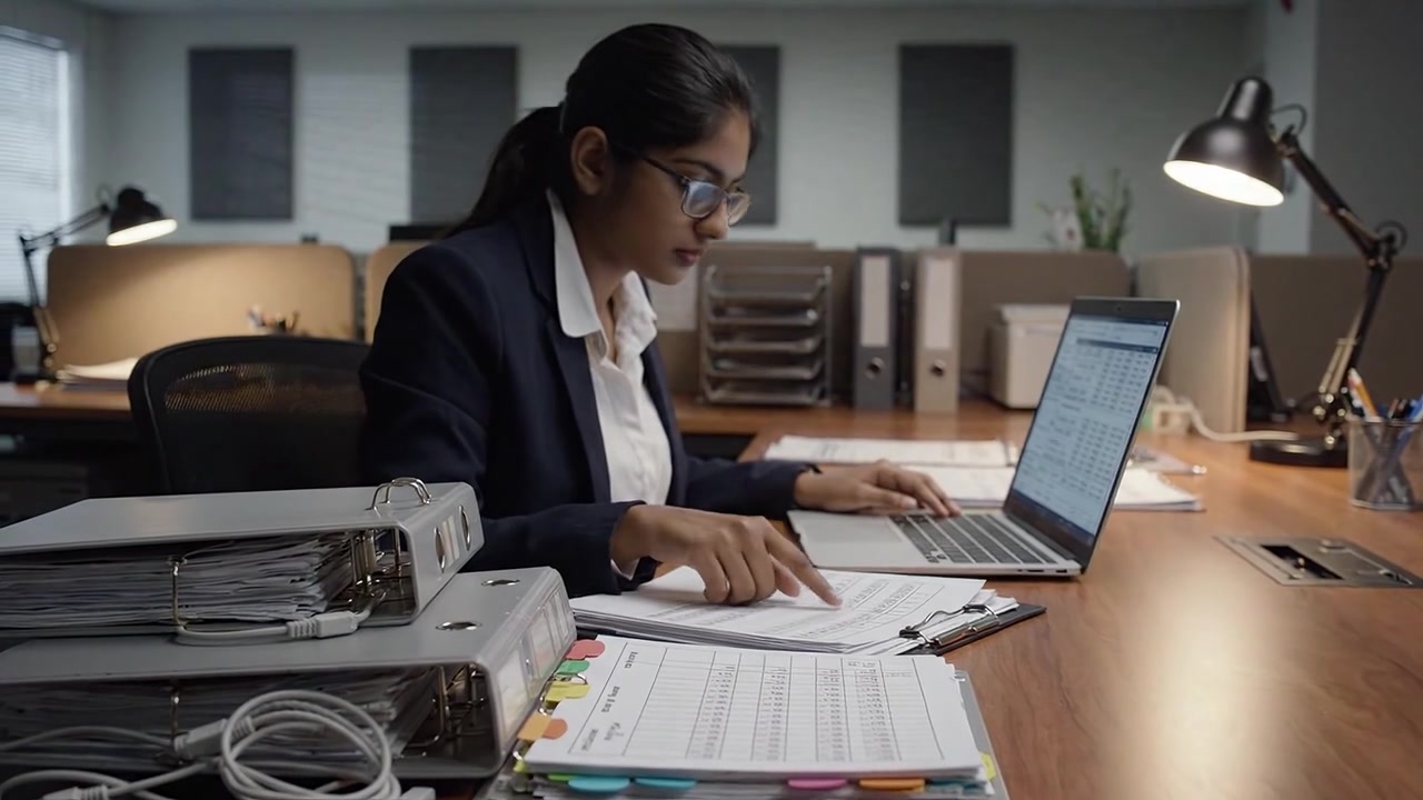 Focused Professional Woman Working on Laptop with Paperwork and Folders in Office Setting - Capturing the Essence of Productivity and Concentration