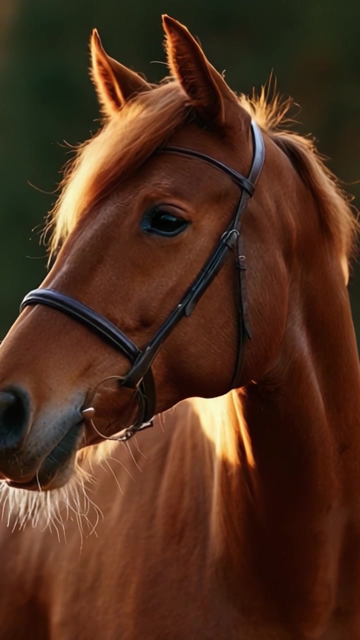 Un Bellissimo Primo Piano di un Maestoso Cavallo Marrone con Criniera e Briglia Scintillanti, Catturato in Luce Perfetta all'Interno di un Ambiente Naturale