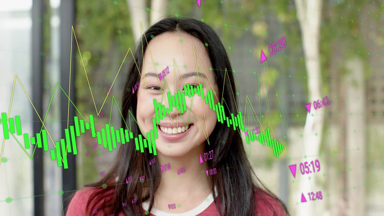On playback woman softening, smiling while green waveform animating across face, showing tech data