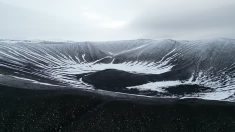 volcano crater on an overcast winter day in iceland - aerial ascending