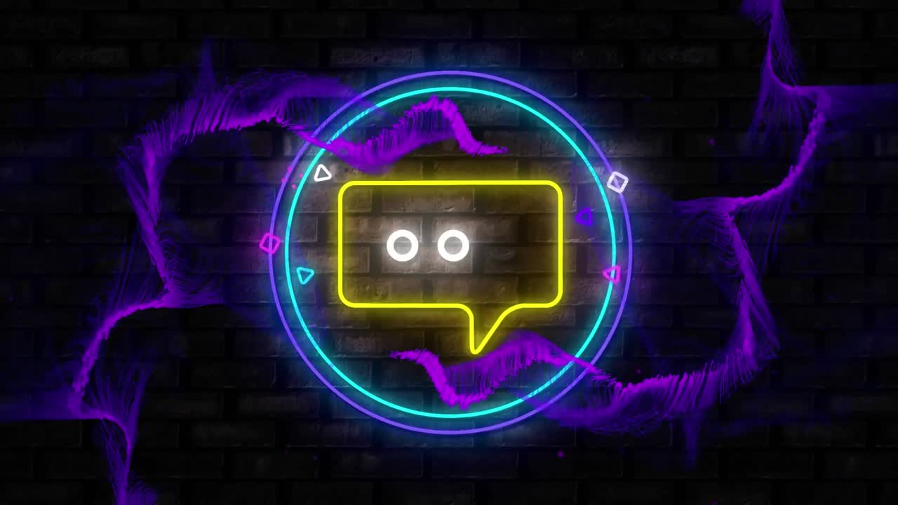 Digital animation of purple digital waves over neon yellow message icon against brick wall