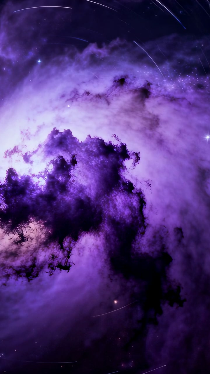 Vertical video: Shifting camera revealing purple nebula in space exposing spiral arms and dark core
