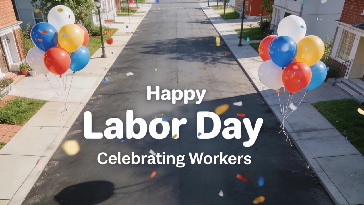 Displaying Labor Day overlay, confetti drifting over quiet street with balloons celebrating workers