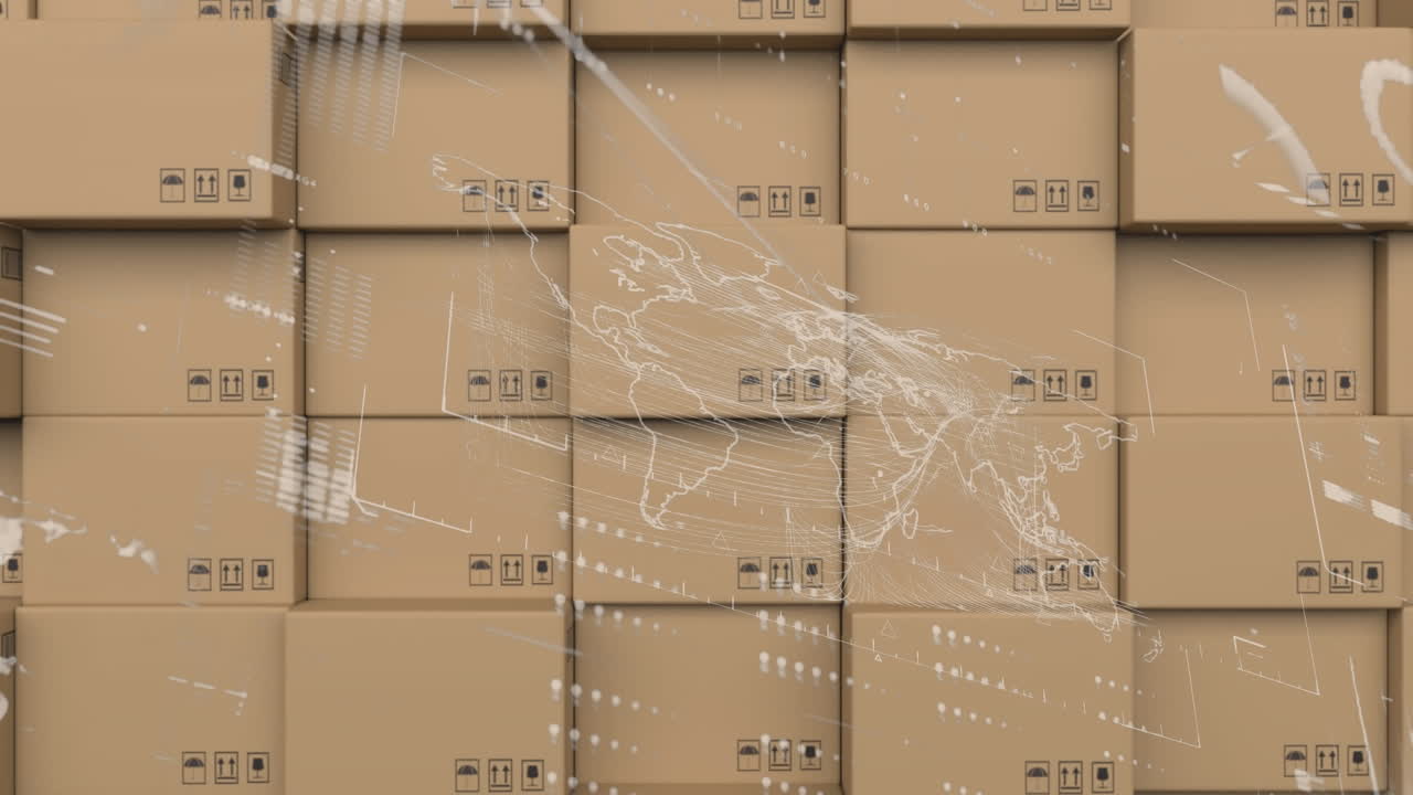 Digital interface with data processing against stack of delivery boxes in background