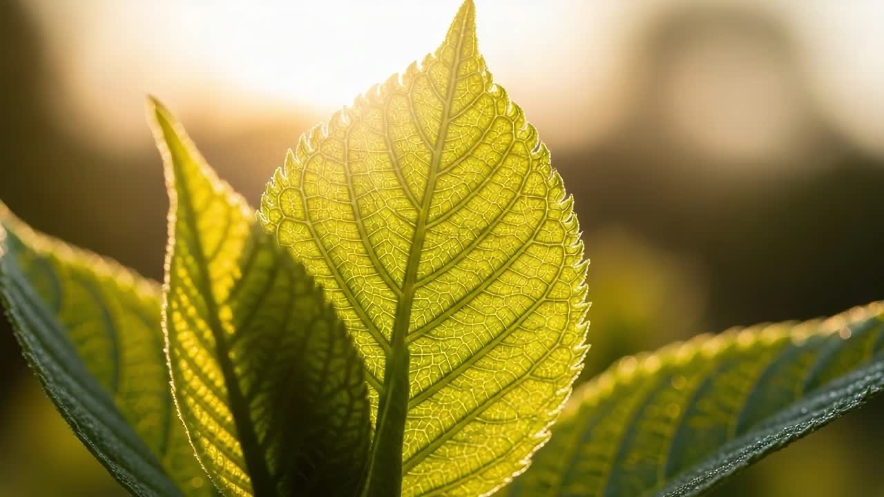 Illuminated Green Leaves in Natural Background Showcasing Intricate Veins and Vibrant Colors During Golden Hour of Daytime