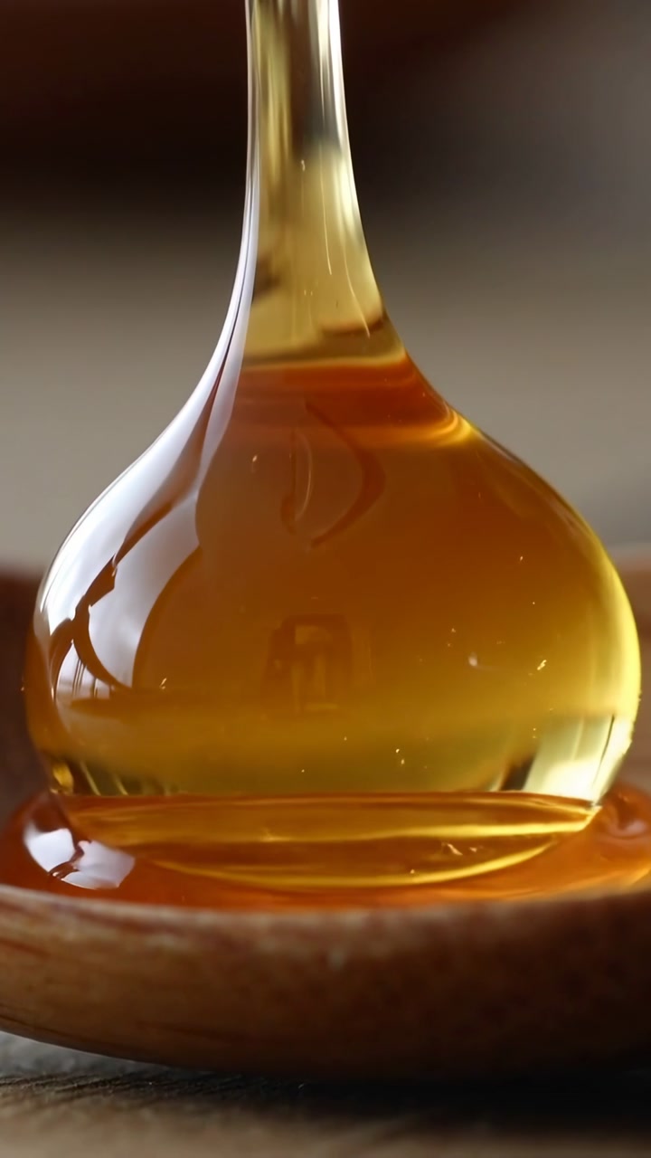 Golden syrup cascading into wooden spoon in close-up, showing glossy reflections and bubbles