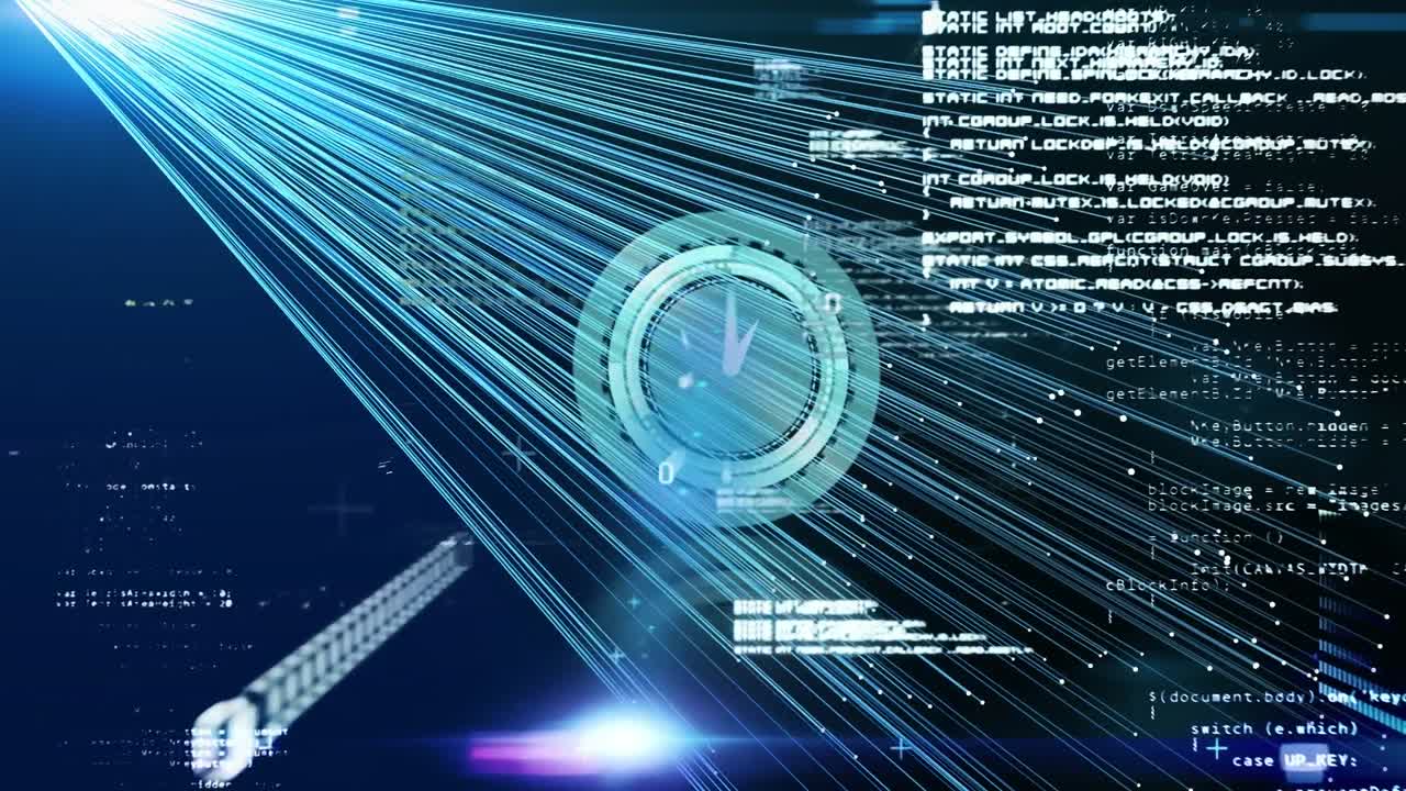 Animation of moving clock and data processing over black background