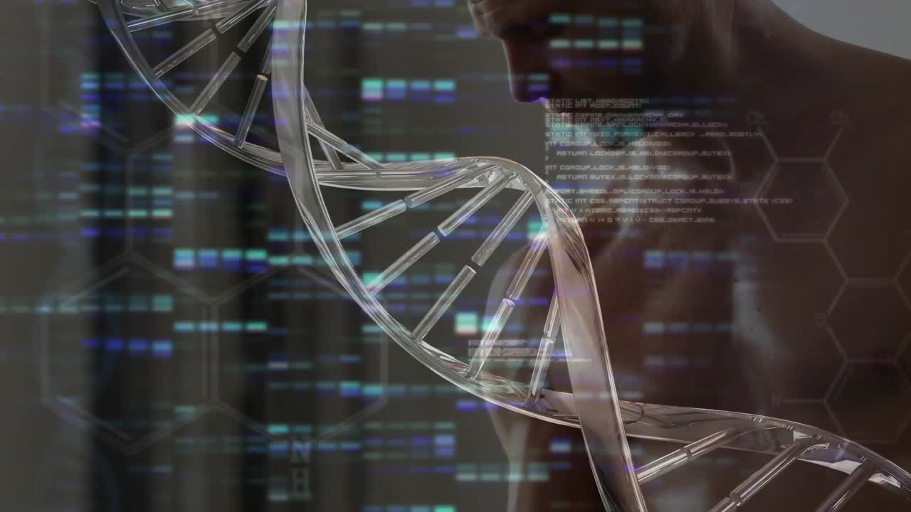 Rotating DNA helix linking genetics and performance as male wearing gloves performing bicep curls