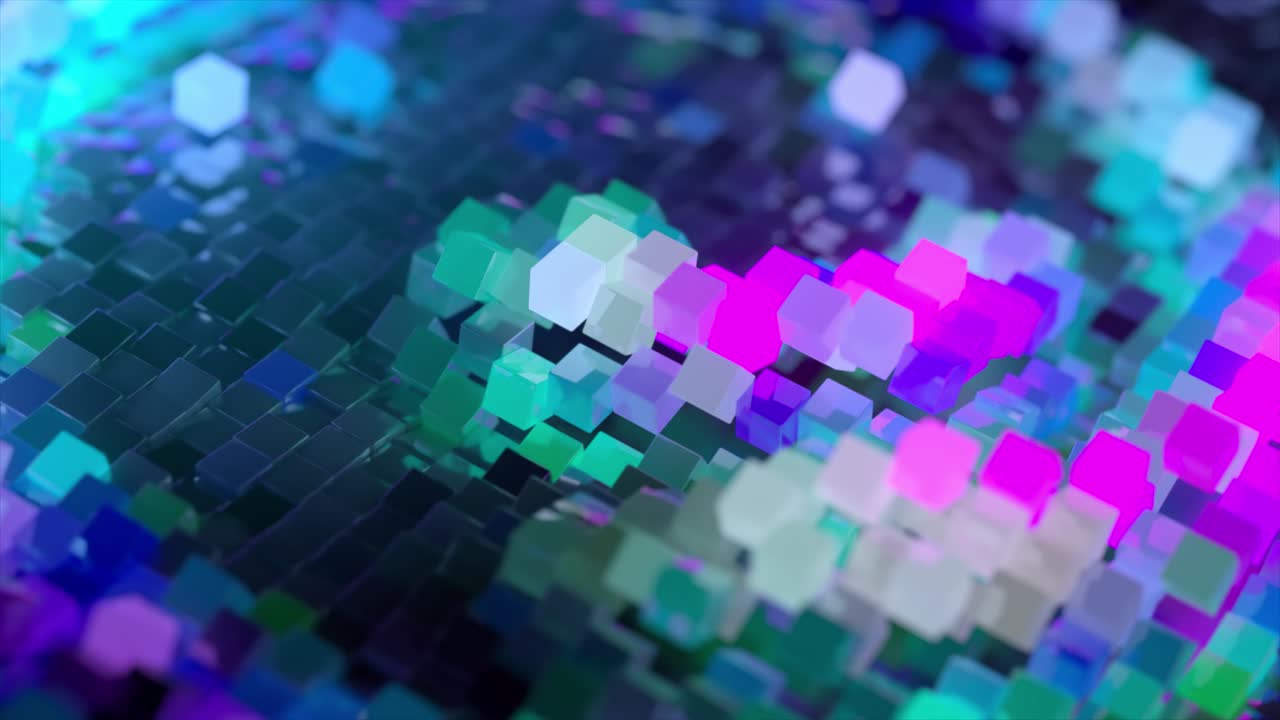 superficie de onda abstracta compuesta de bloques se mueve en orden caótico. color rosa azul. animación 3d de bucle sin costuras