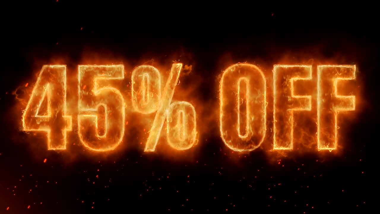 45% fuera de la palabra ardiendo caliente en fuego realista llamas chispas y humo animación de bucle continuo sin problemas