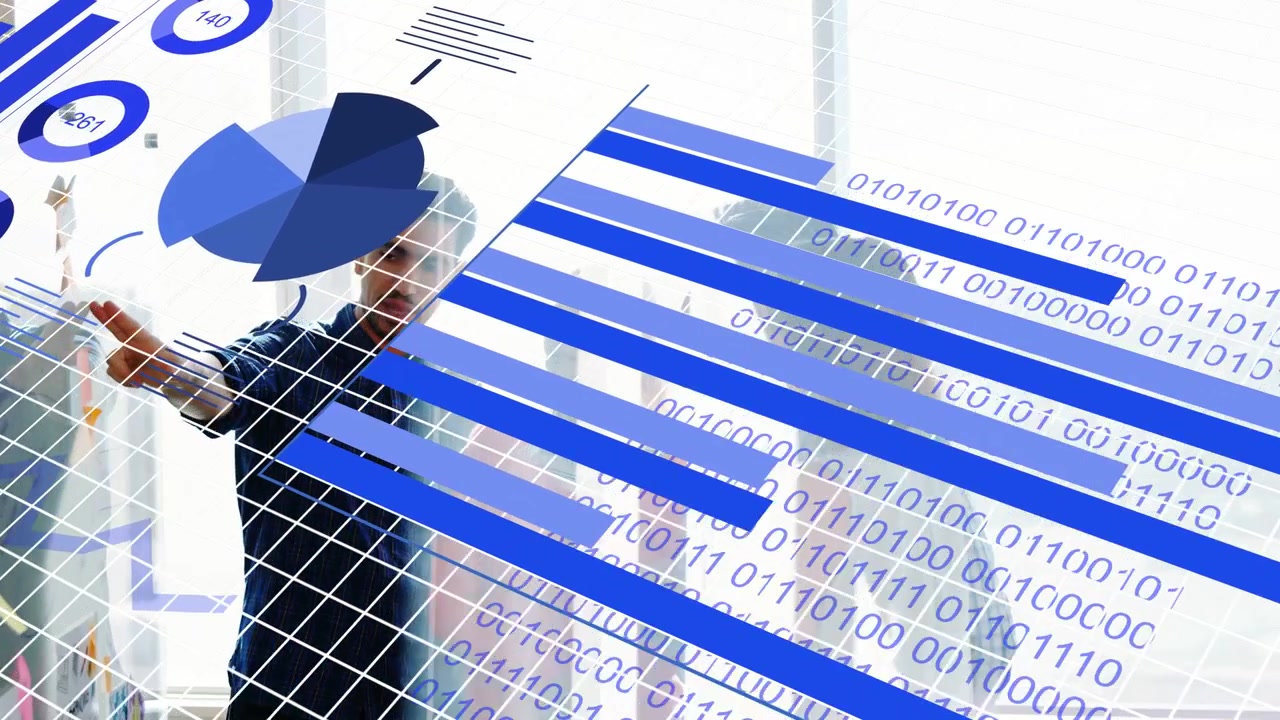 Business team pointing at glass, causing pie rotating, bars sweeping, binary rising, reviewing data