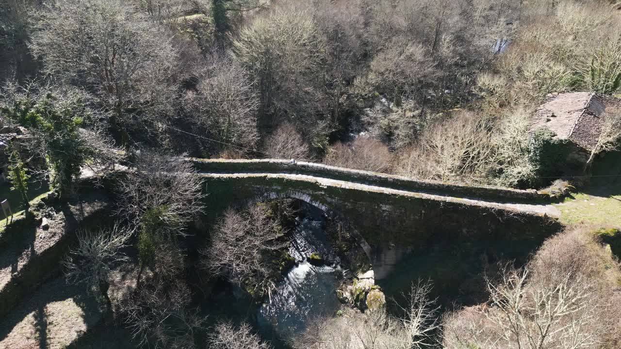 Bird's eye view pan across Navea Bridge in Ourense Spain with leafless tree
