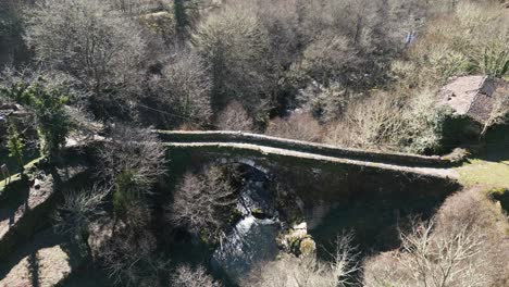 Bird's-eye-view-pan-across-Navea-Bridge-in-Ourense-Spain-with-leafless-tree